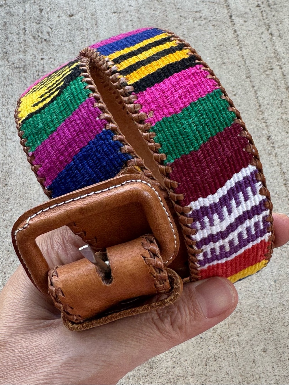 Brown Leather & Multicolor Cotton Ikat Fabric Boho Belt Size: Medium - Picture 2 of 5